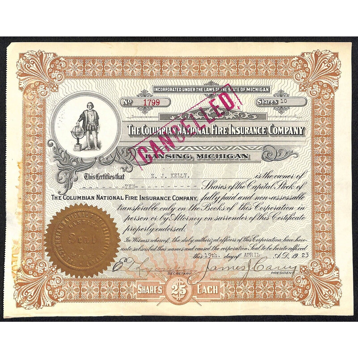 The Columbian National Fire Insurance Co. Lansing 1923 Stock Certificate Scarce