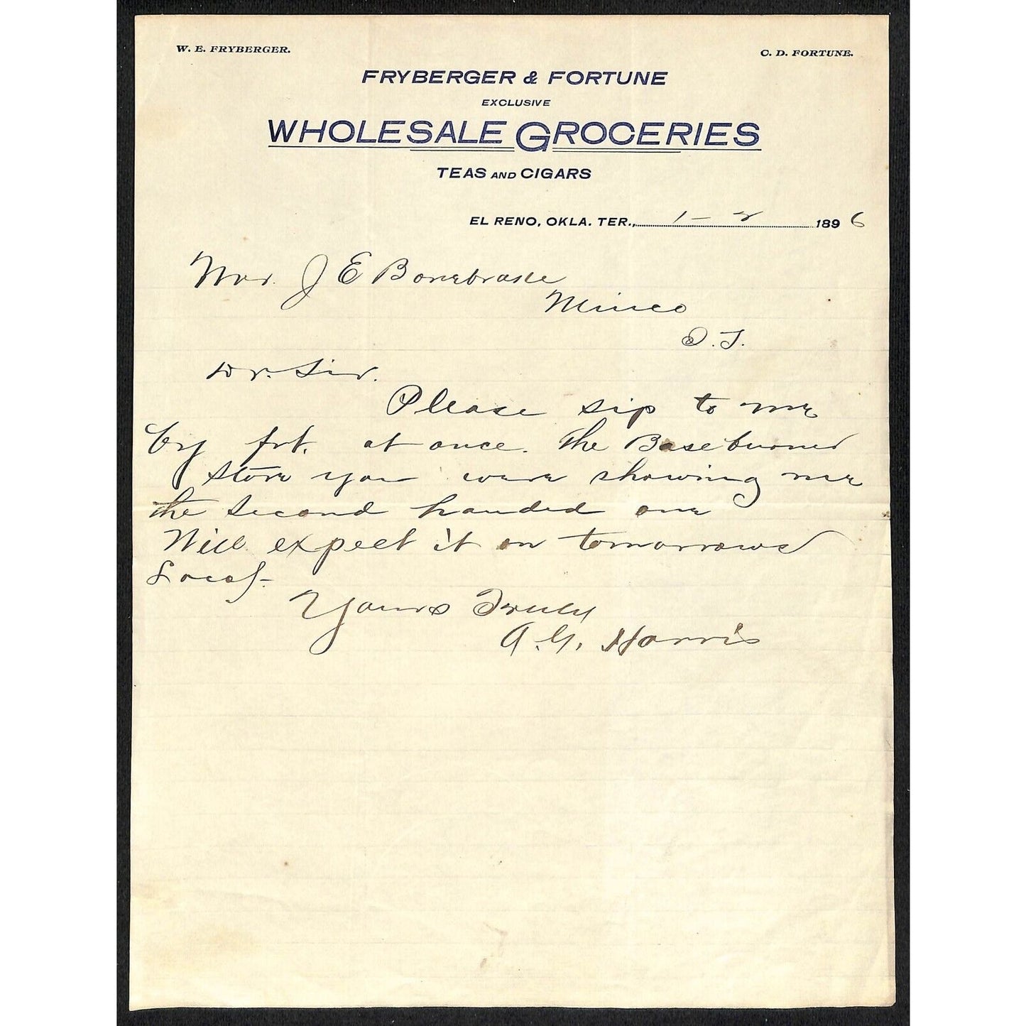 1896 Fryberger & Fortune Grocers Teas El Reno, OK Indian Territory Letterhead