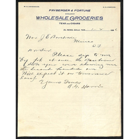1896 Fryberger & Fortune Grocers Teas El Reno, OK Indian Territory Letterhead