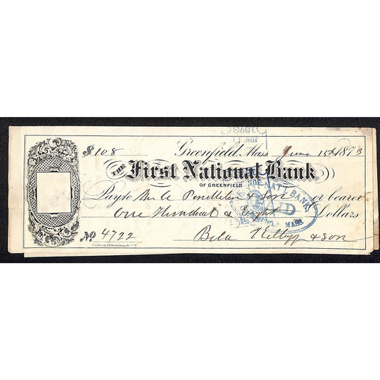 1873 First National Bank of Greenfield MASS $108 Bank Check