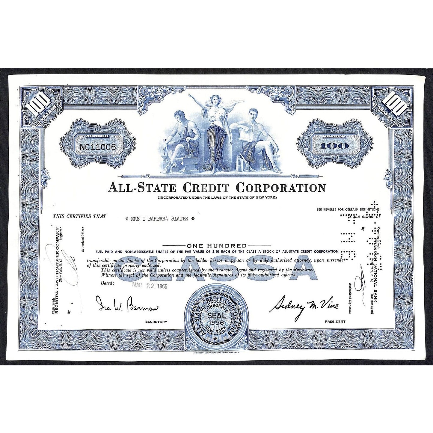 All State Credit Corporation NY 1966 Stock Certificate to: Mrs. I Barbara Slater