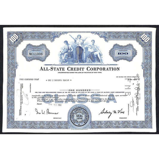 All State Credit Corporation NY 1966 Stock Certificate to: Mrs. I Barbara Slater