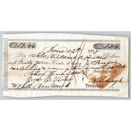 1847 Jabez Knowlton* Newburgh ME Town Check to ____ Wilcomb ?