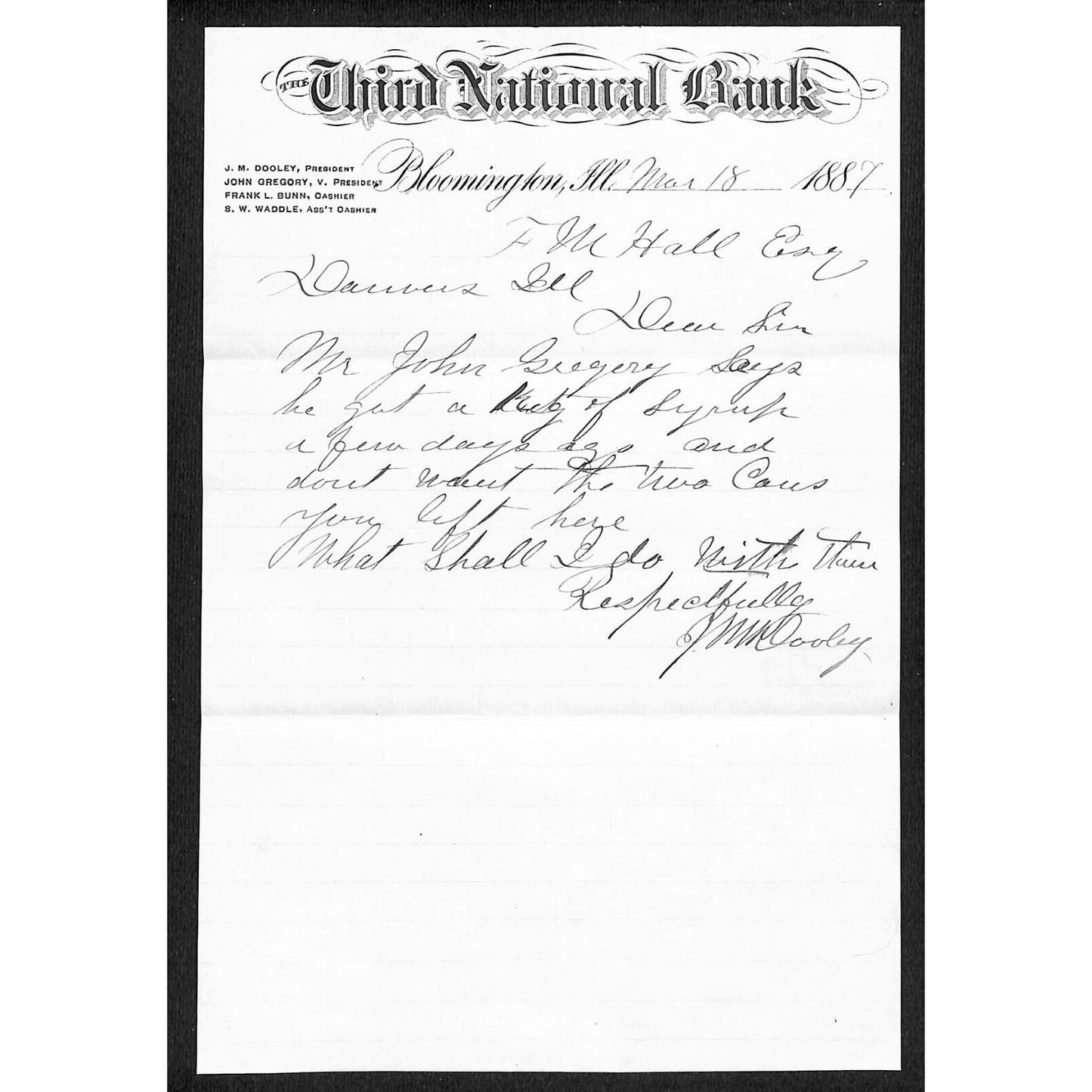 Third National Bank Bloomington. IL 1887 ALS Letterhead