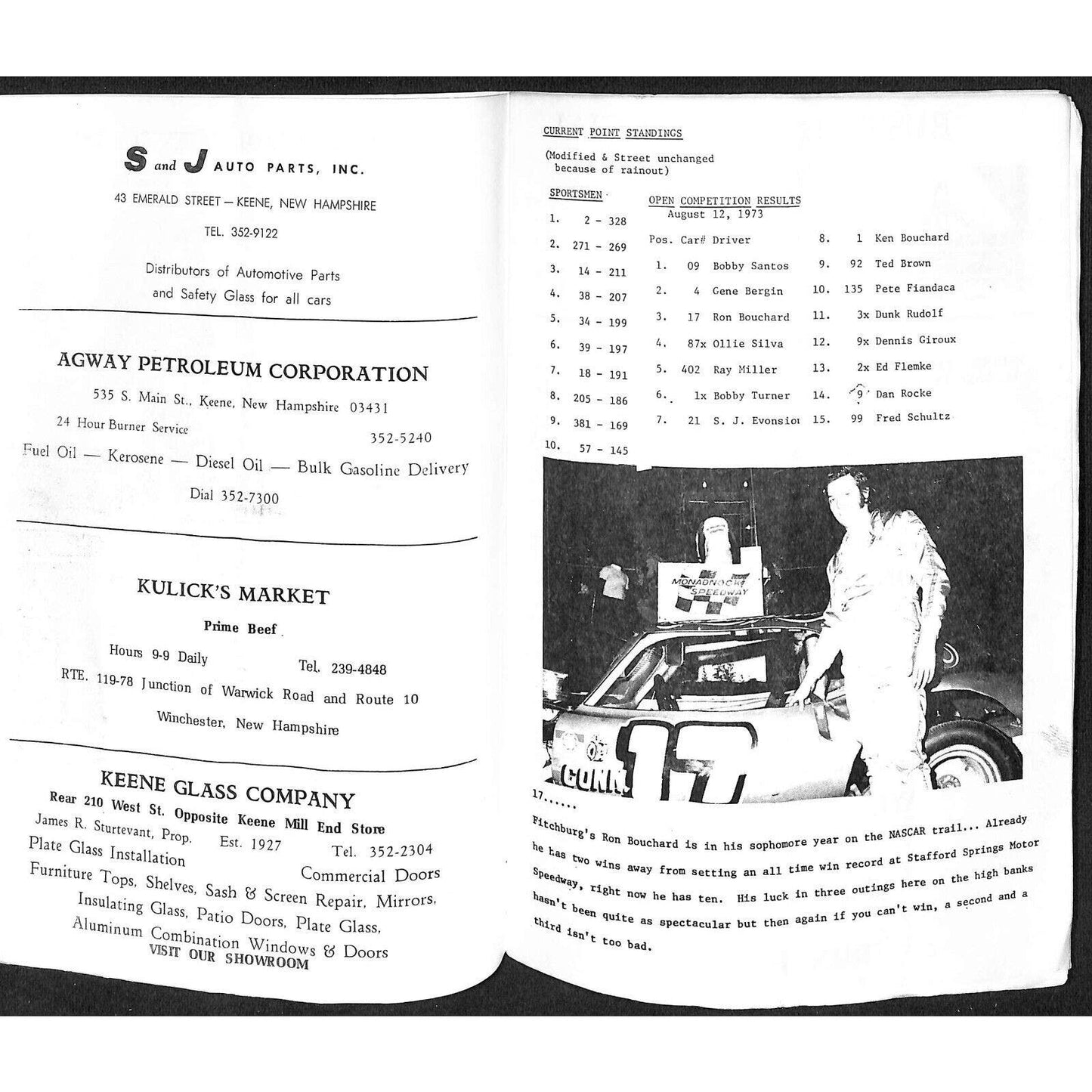 Monadnock Speedway Auto Racing Program Winchester, NH 8/17 1973 14pp* Scarce