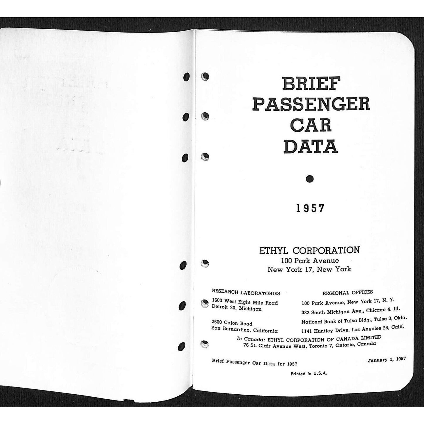 Ethyl Corporation "Brief Passenger Car Data" 1957 Booklet 34pp VGC