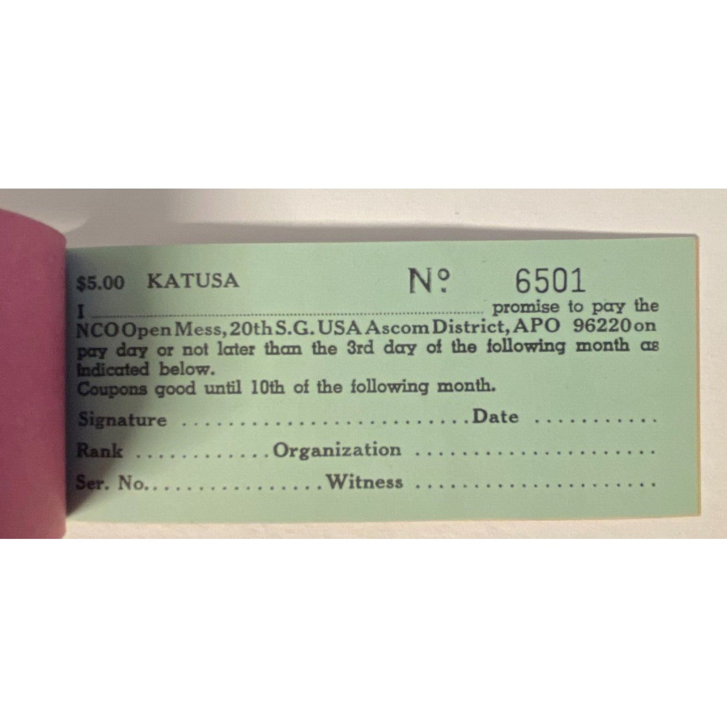 Katusa, Korea NCO Open Mess Partial $5.00 Coupon Booklet c1970 VGC Scarce
