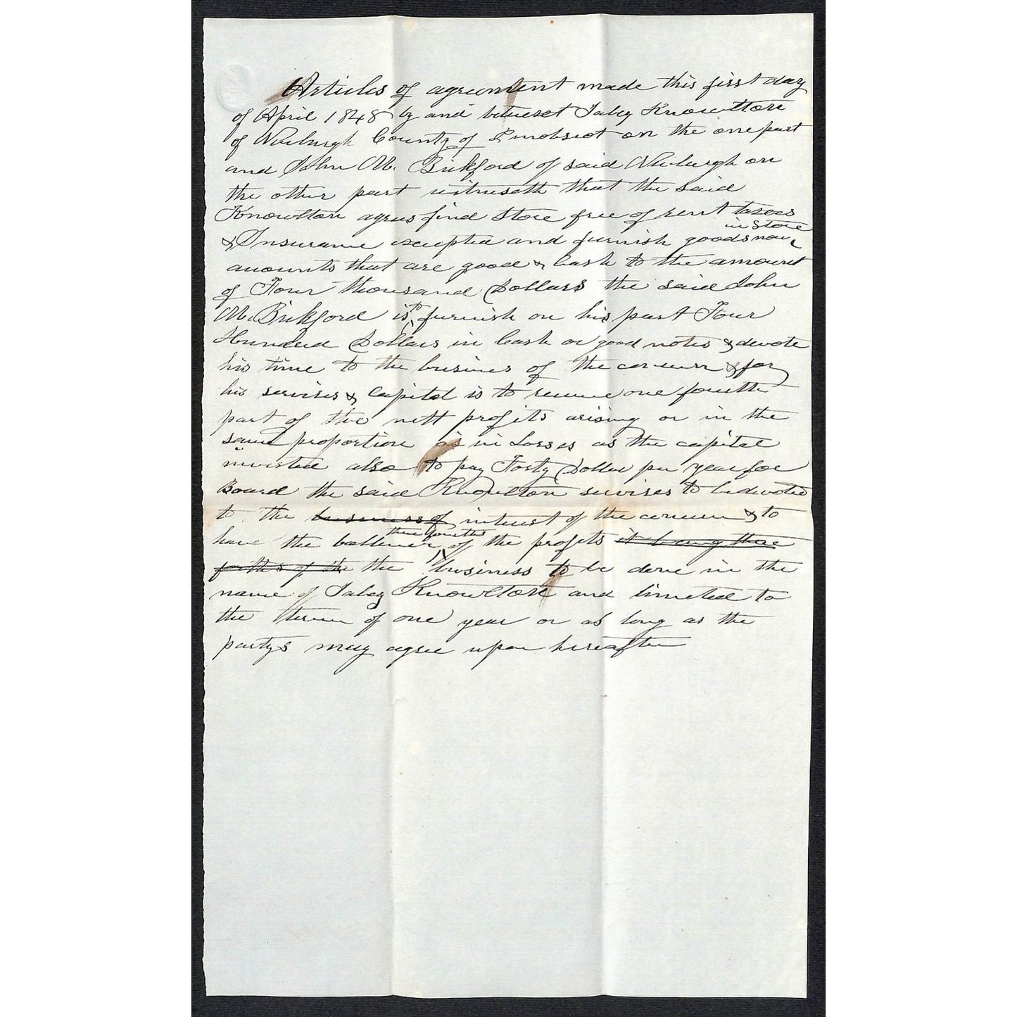 1848 Jabez Knowlton* / John M. Bickford Newburgh, ME Business Agreements (2)