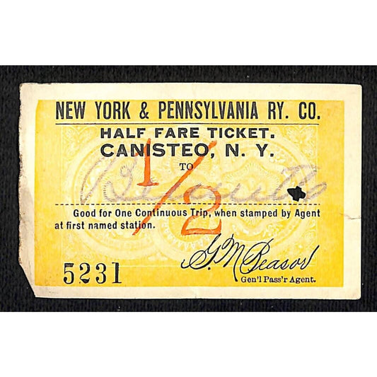 New York & Pennsylvania Railroad RY July 16 1917 Bennetts 1/2 Fare Ticket #5231