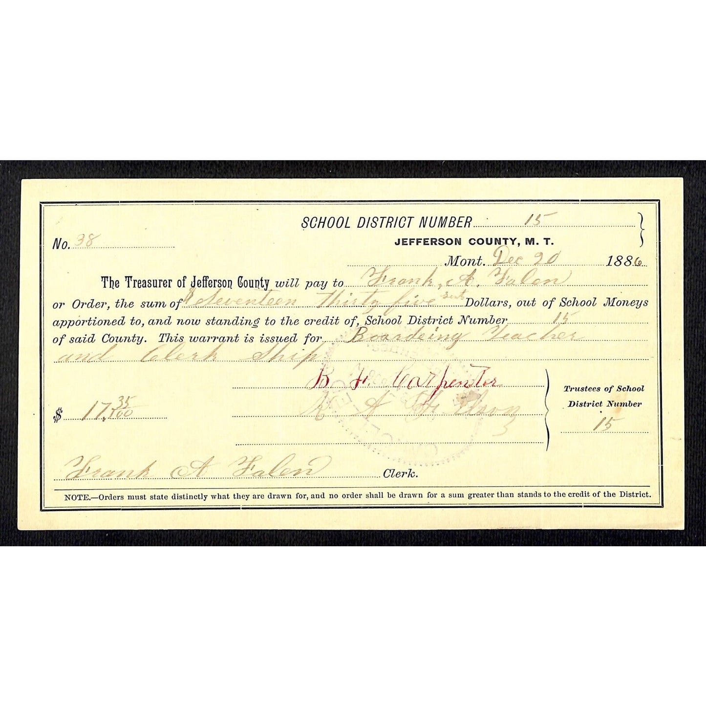 1886 Jefferson County Montana Territory School Warrant - Boarding Teacher