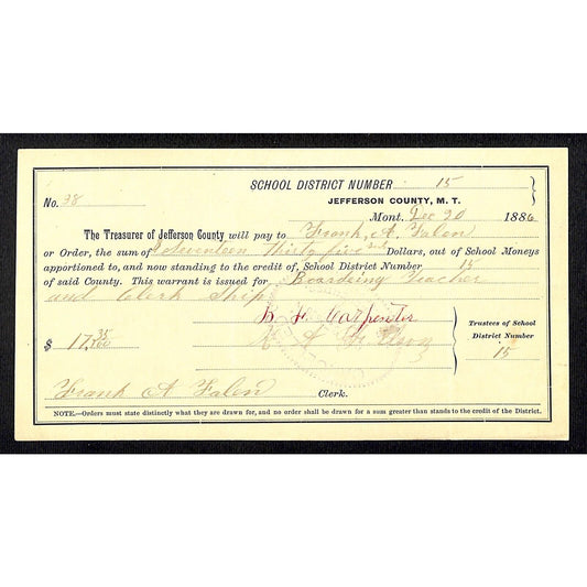 1886 Jefferson County Montana Territory School Warrant - Boarding Teacher