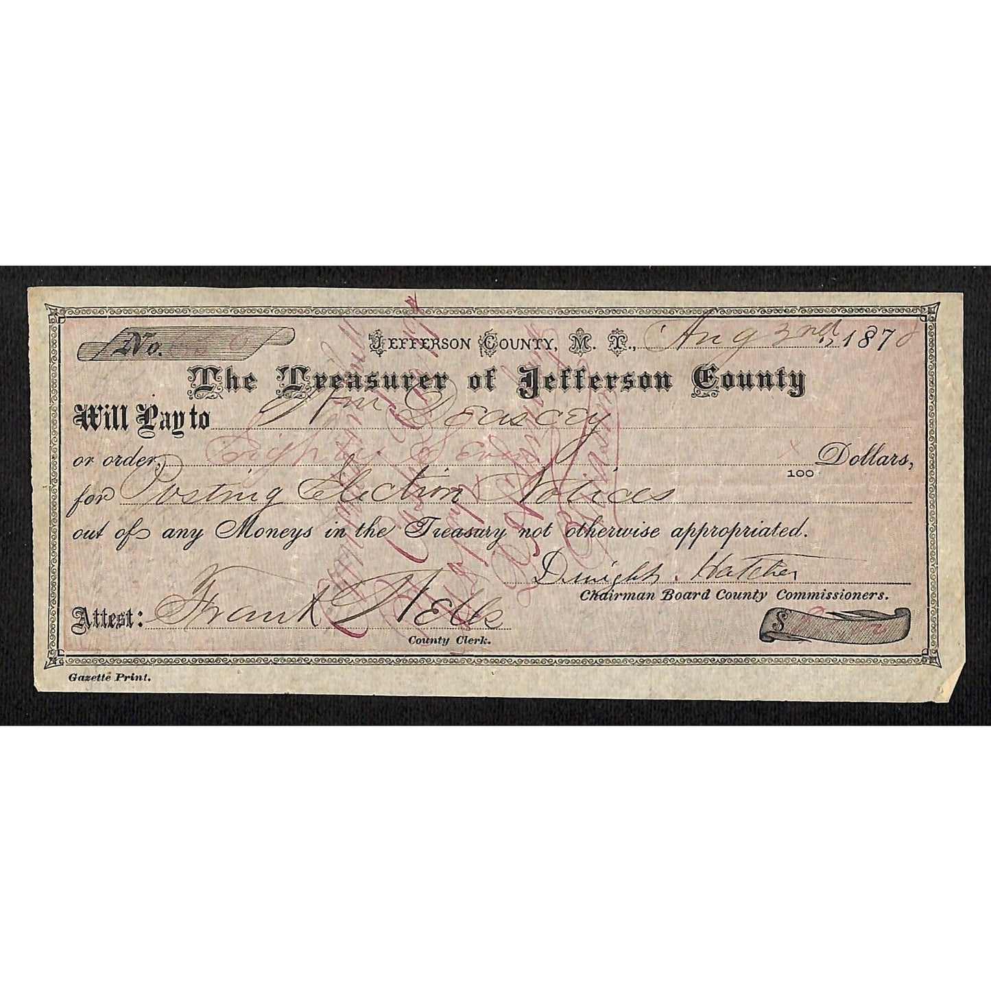 1870 Treasurer of Jefferson County MT Territory Draft "Posting Election Notices"