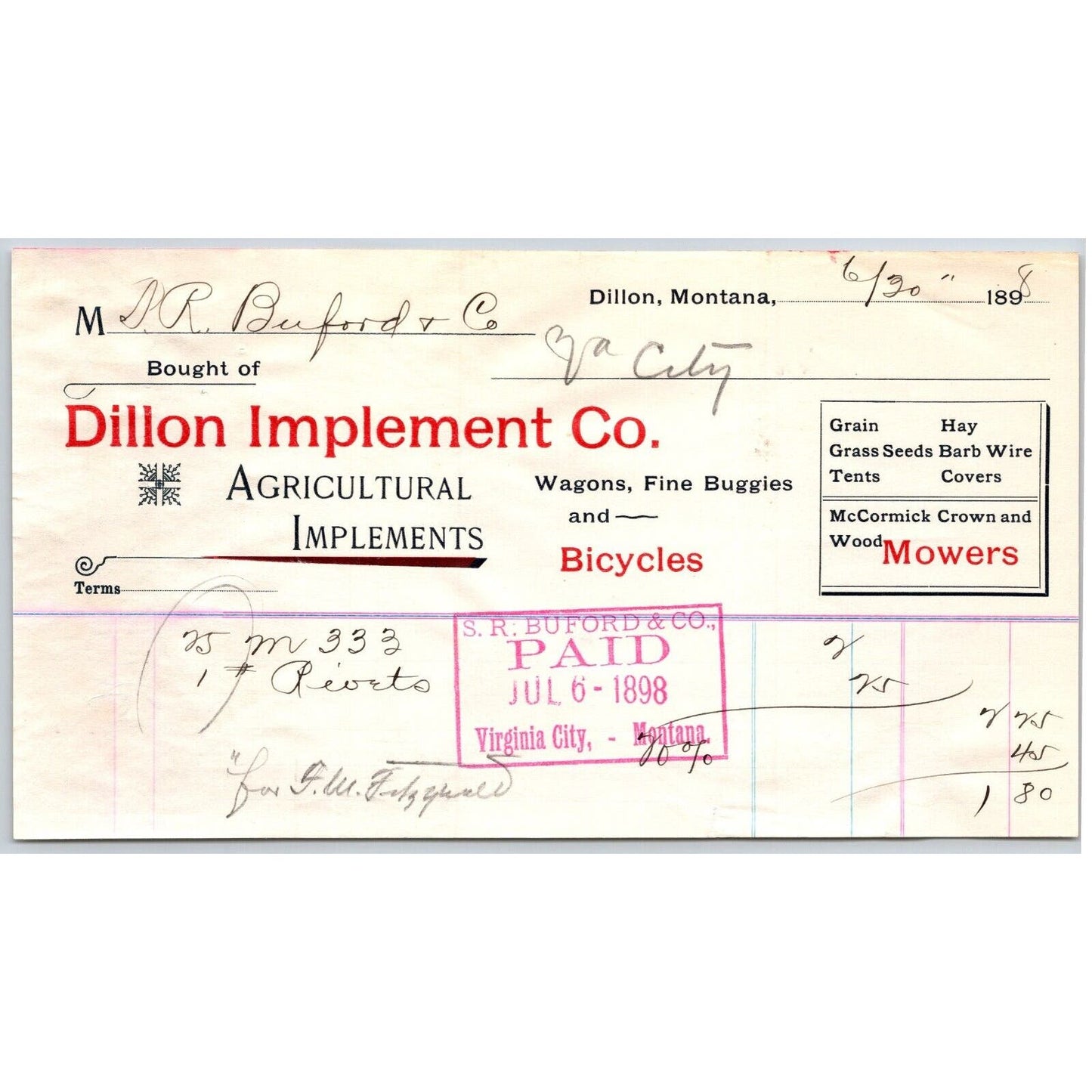 Dillon, MT Dillon Implement 1898 Bicycles Billhead S.R. Buford* Virginia City
