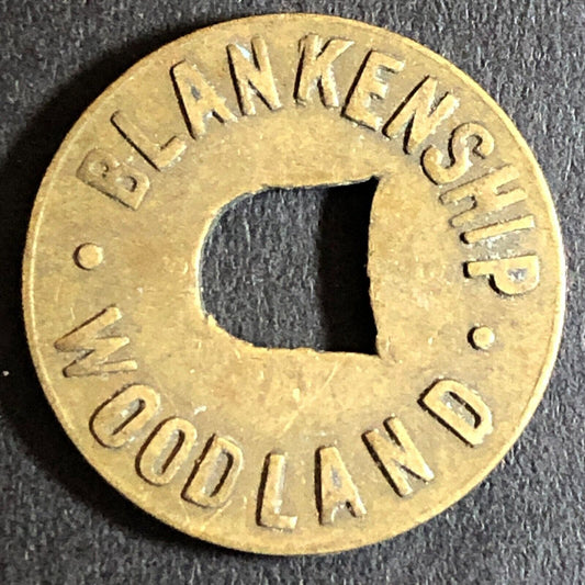 Blankenship Woodland (CA Cigars Billiards) Brass G/F 5c Trade Token c1930s 21mm