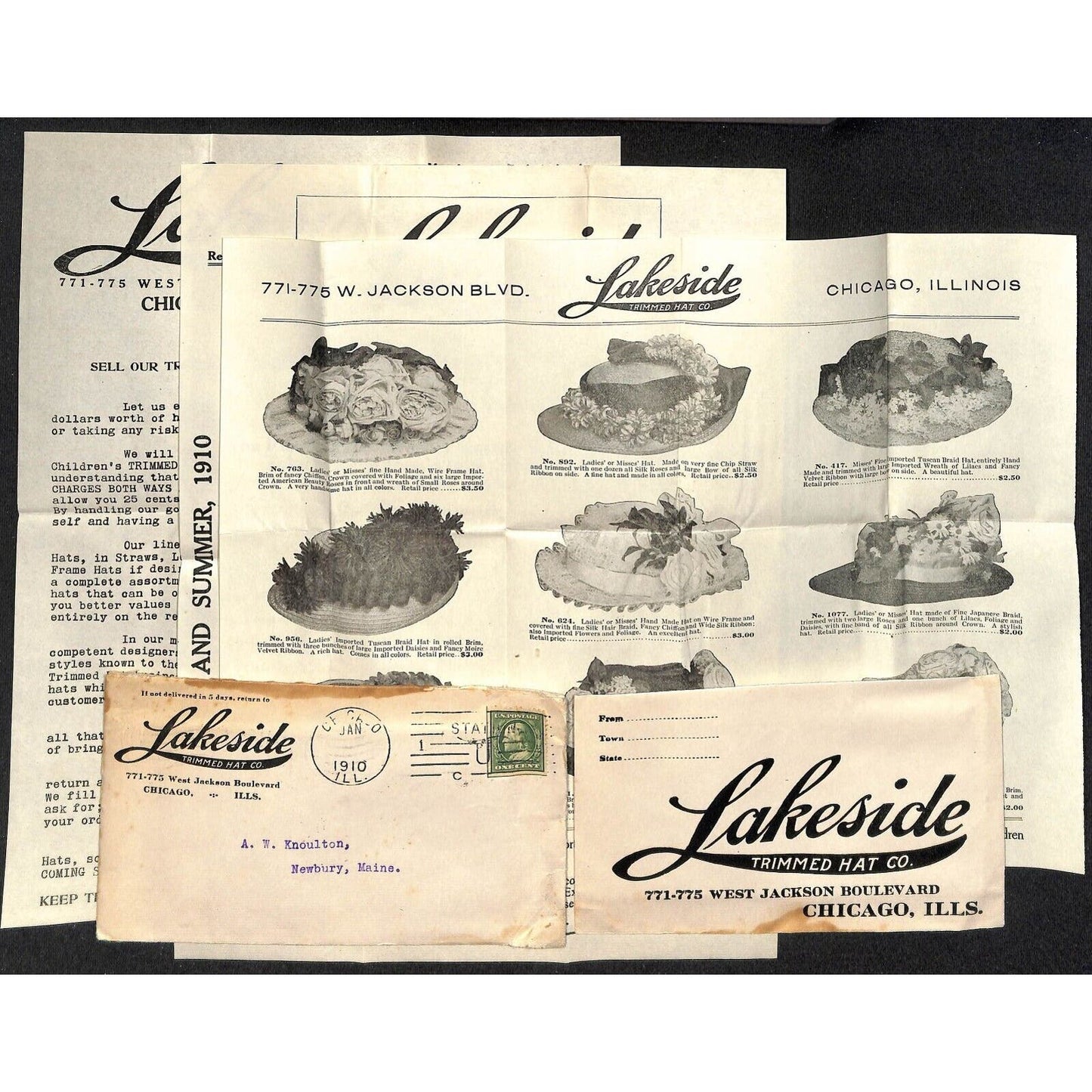 Chicago Lakeside Trimmed Hat Co. 1910 Product Sheet & Return Cover Knowlton*