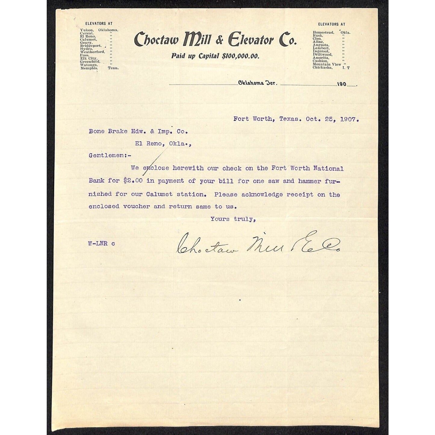 1907 Choctaw Mill & Elevator Co. OK Indian Territory Letterhead Scarce