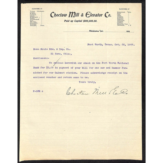 1907 Choctaw Mill & Elevator Co. OK Indian Territory Letterhead Scarce
