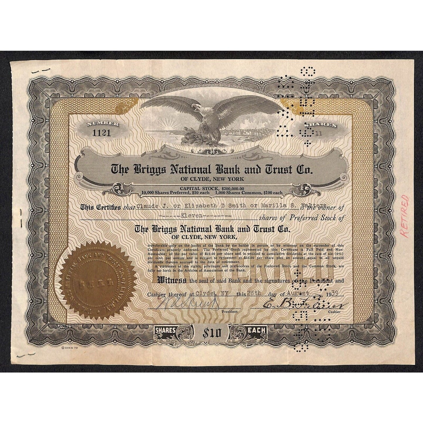 Briggs National Bank and Trust Clyde NY 1939 Stock Certificate Elizabeth D Smith