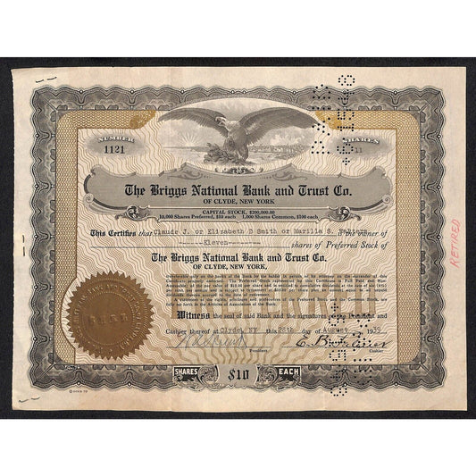 Briggs National Bank and Trust Clyde NY 1939 Stock Certificate Elizabeth D Smith