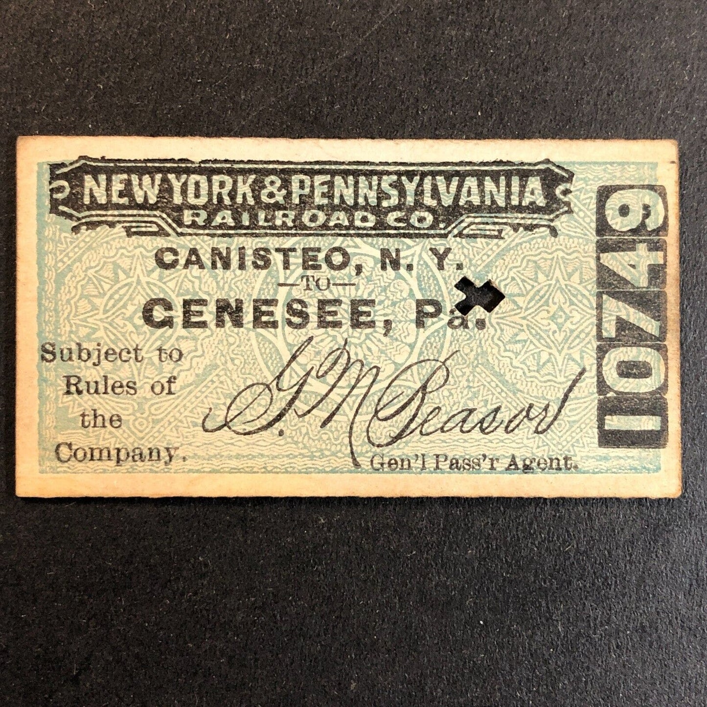 New York & Pennsylvania Railroad July 23 / 28 1917 Genesee, PA Ticket #10749