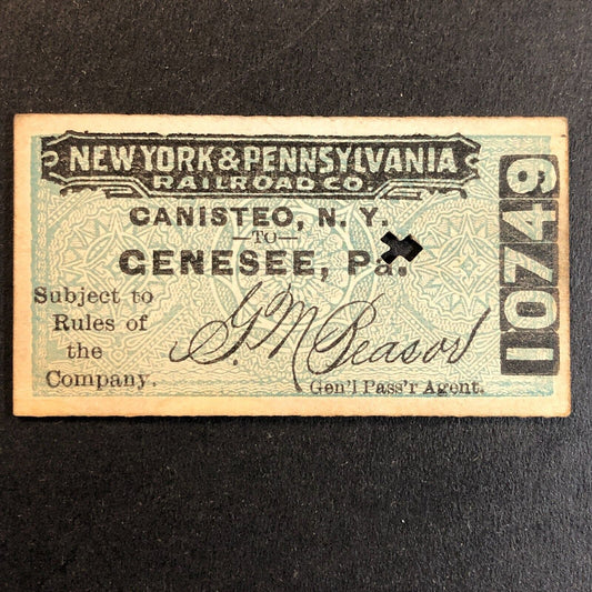 New York & Pennsylvania Railroad July 23 / 28 1917 Genesee, PA Ticket #10749