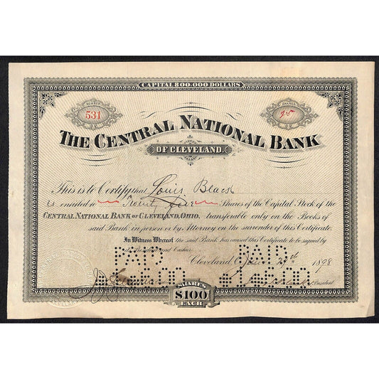 Central National Bank of Cleveland 1898 Stock Certificate to Louis Black