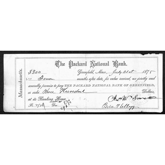 1872 Packard National Bank of Greenfield, MA Promissory Note