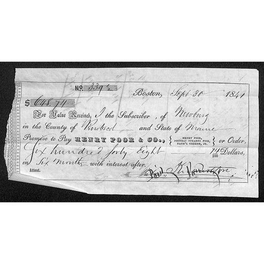 1841 Jabez Knowlton* Newburgh, ME "Henry Poor & Co." Boston Promissory Note