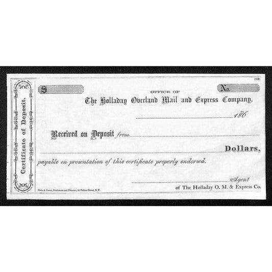 Holladay Overland Mail and Express Co. 1860's Certificate of Deposit VGC