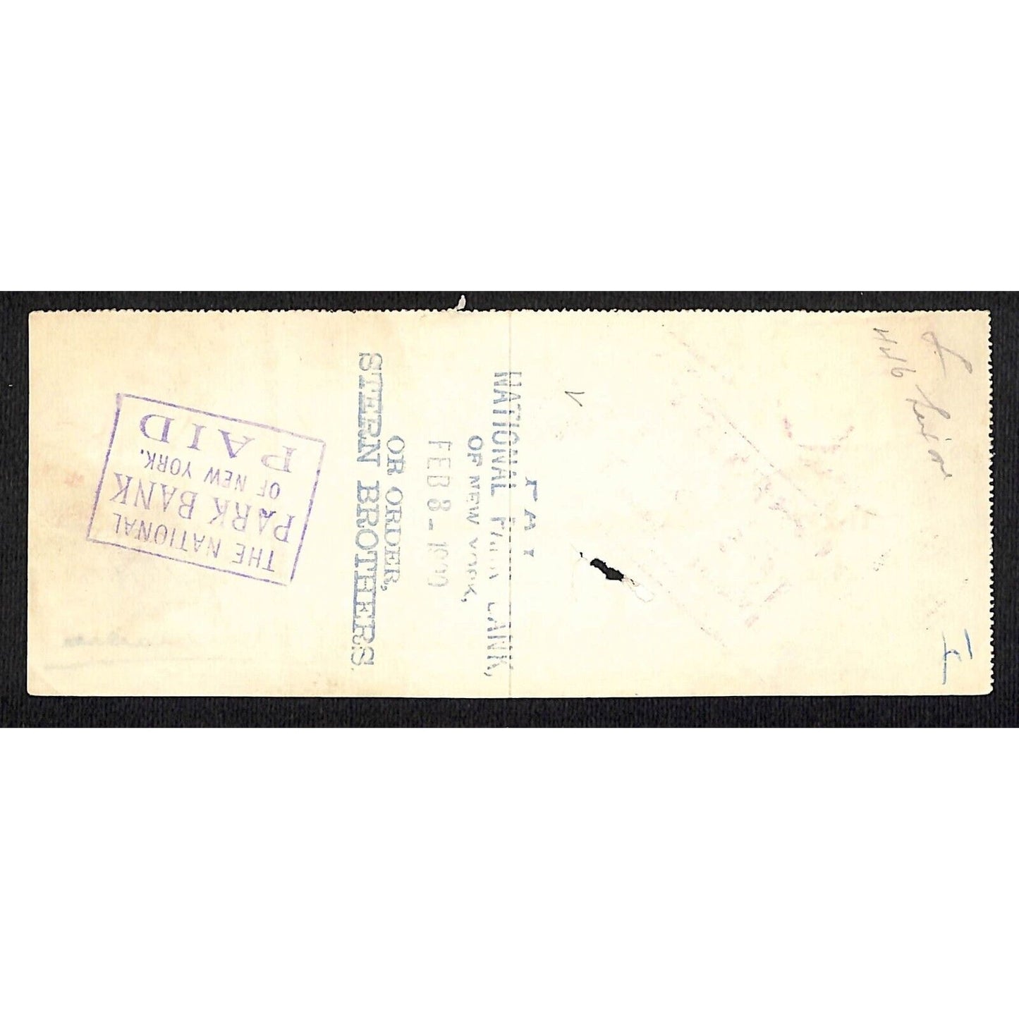 1900 Wells Fargo & Co Bank 63 Broadway NYC #62 Check w/ Rev Stamp Stern Bros.