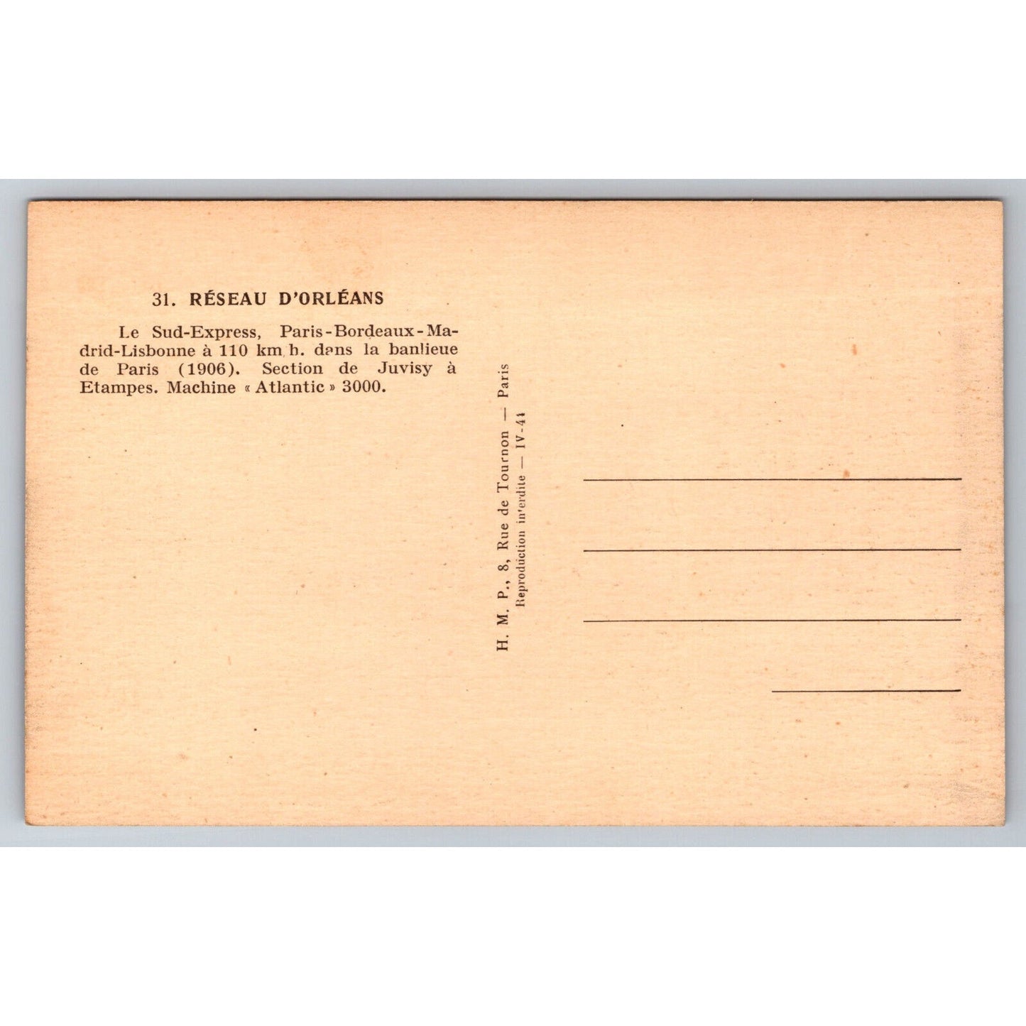 French Railroad RPPC* Postcard Machine Atlantic 3000 1906 H.M.P.