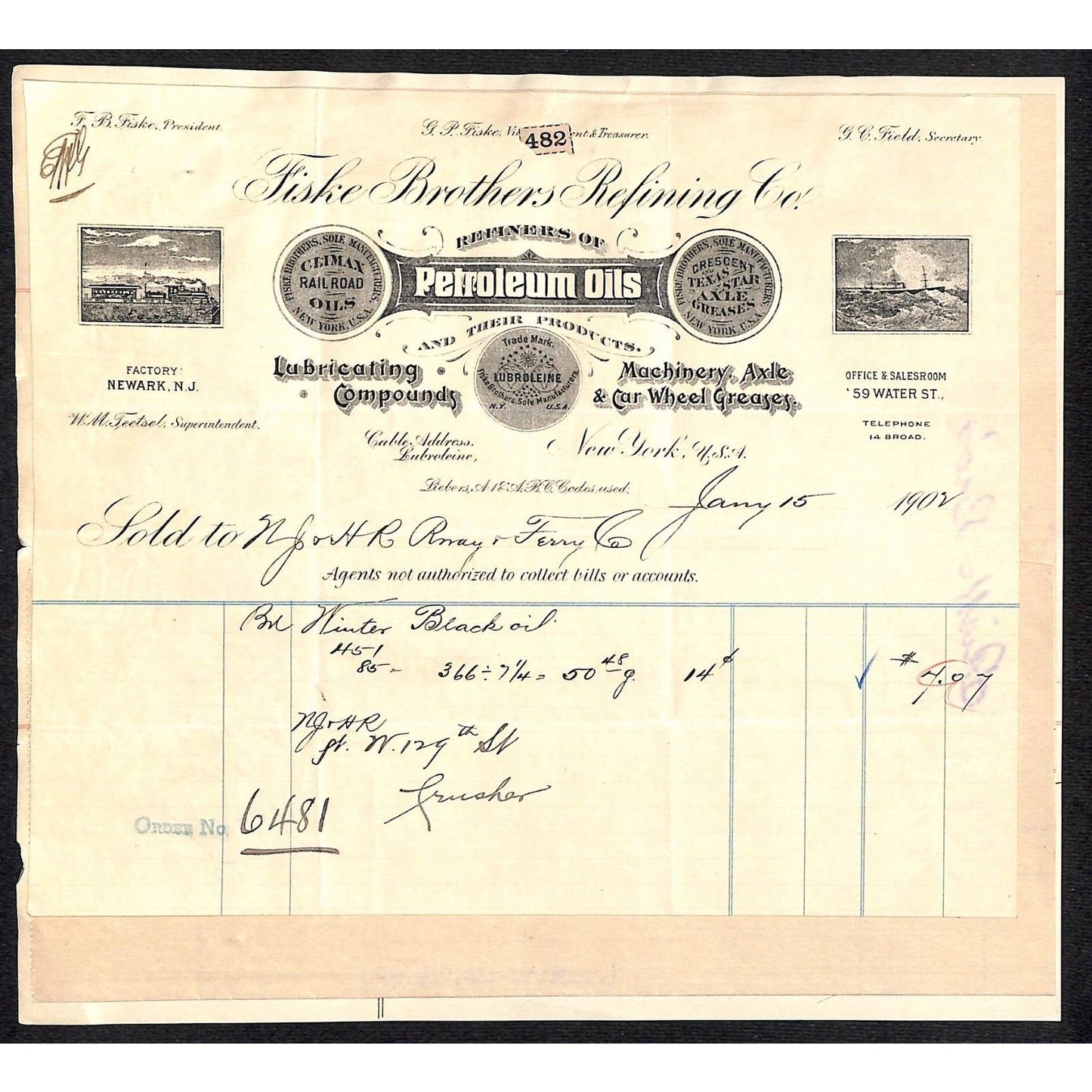 Fiske Brothers Refining Co NYC 1902 Billhead to NJ & HR Ry & Ferry - 3 Pieces