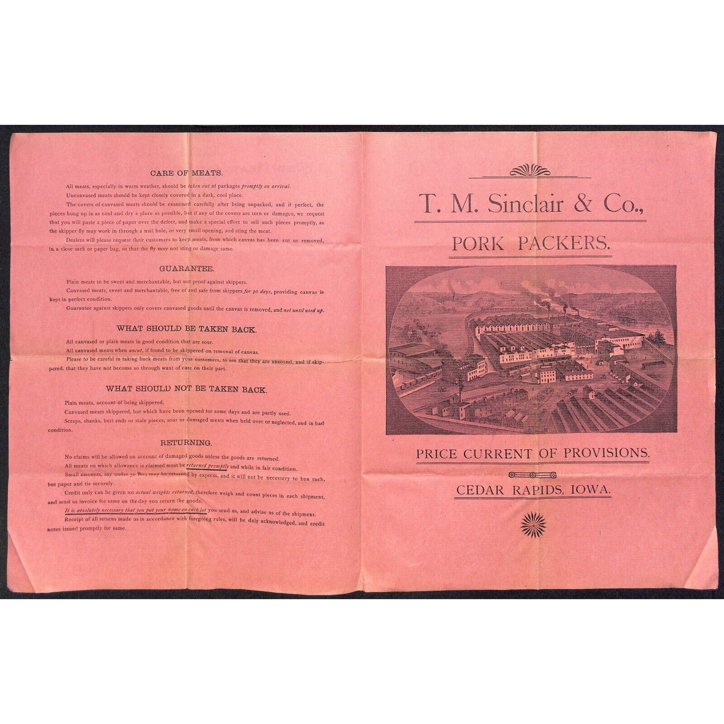 T.M. Sinclair & Co. Pork Packers Cedar Rapids, IA 1891 Whsle. Price Sheet Scarce