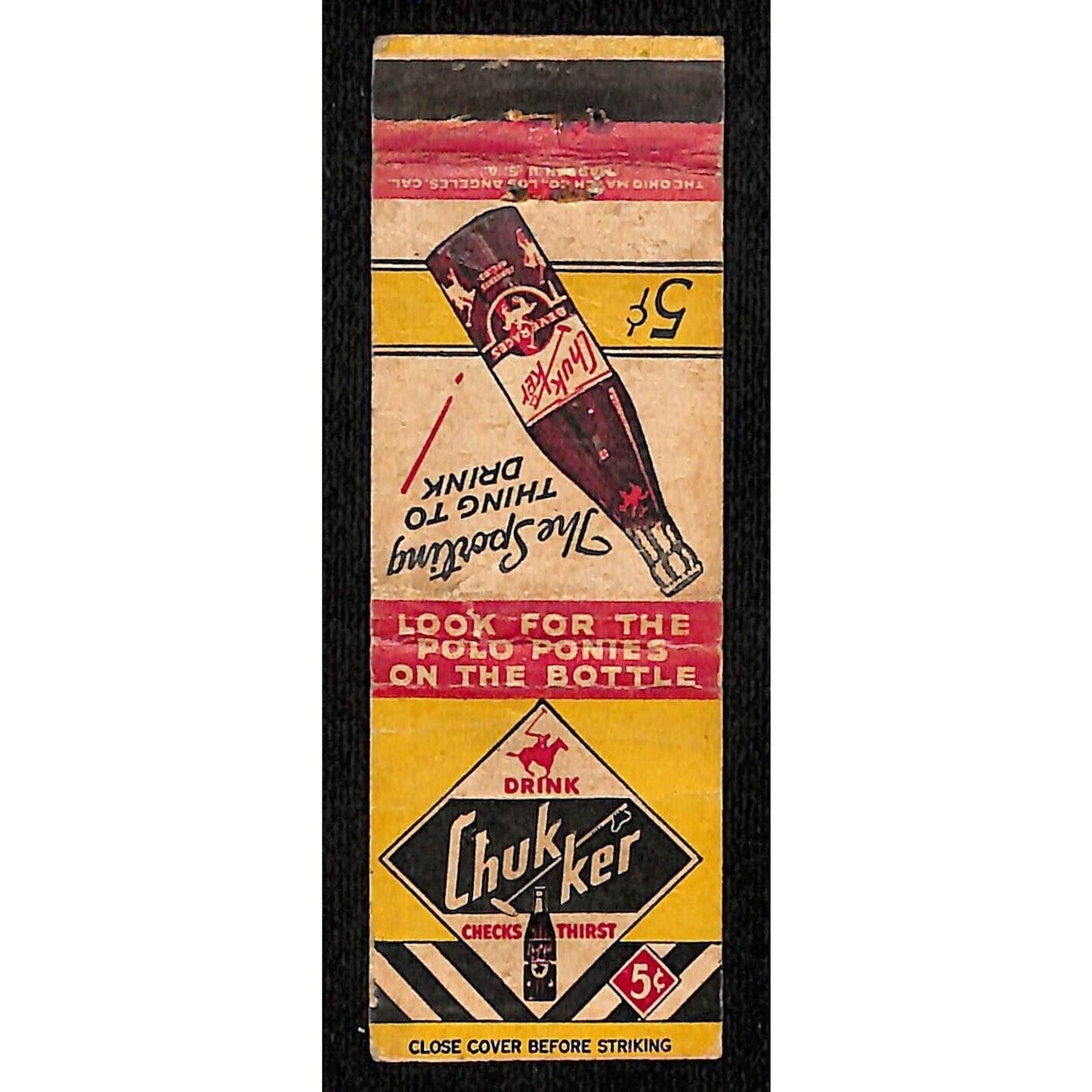 Drink Chuk Ker "Checks Thirst" Polo Ponies Matchbook Cover VGC c1940's