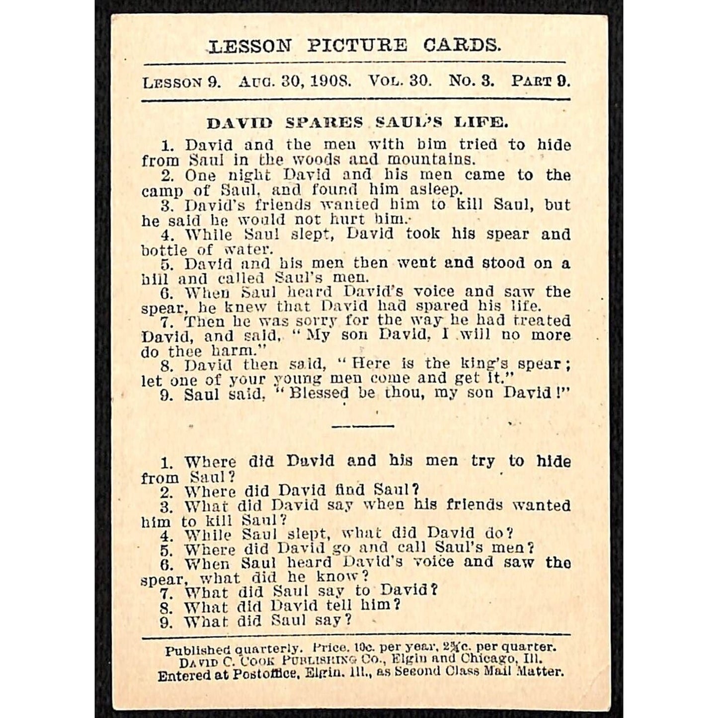 1908 "David Spares Saul's Life" Lesson Picture Holy Card