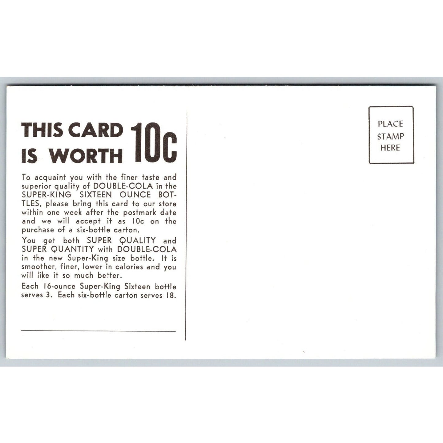 Double-Cola Six Pack 16oz Super-King 10c Coupon Postcard c1957-60's - VGC