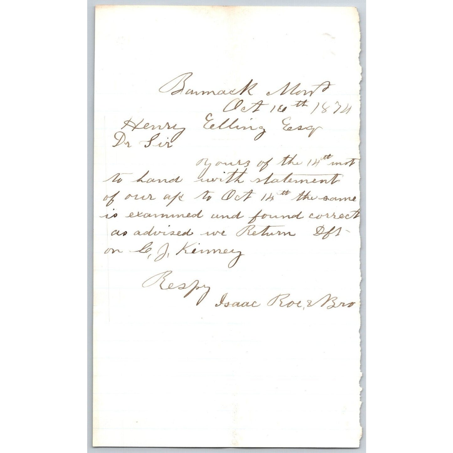 1874 ALS from Isaac Roe & Bro. (Bankers ) Bannack City, MT to Henry Elling*