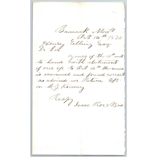 1874 ALS from Isaac Roe & Bro. (Bankers ) Bannack City, MT to Henry Elling*
