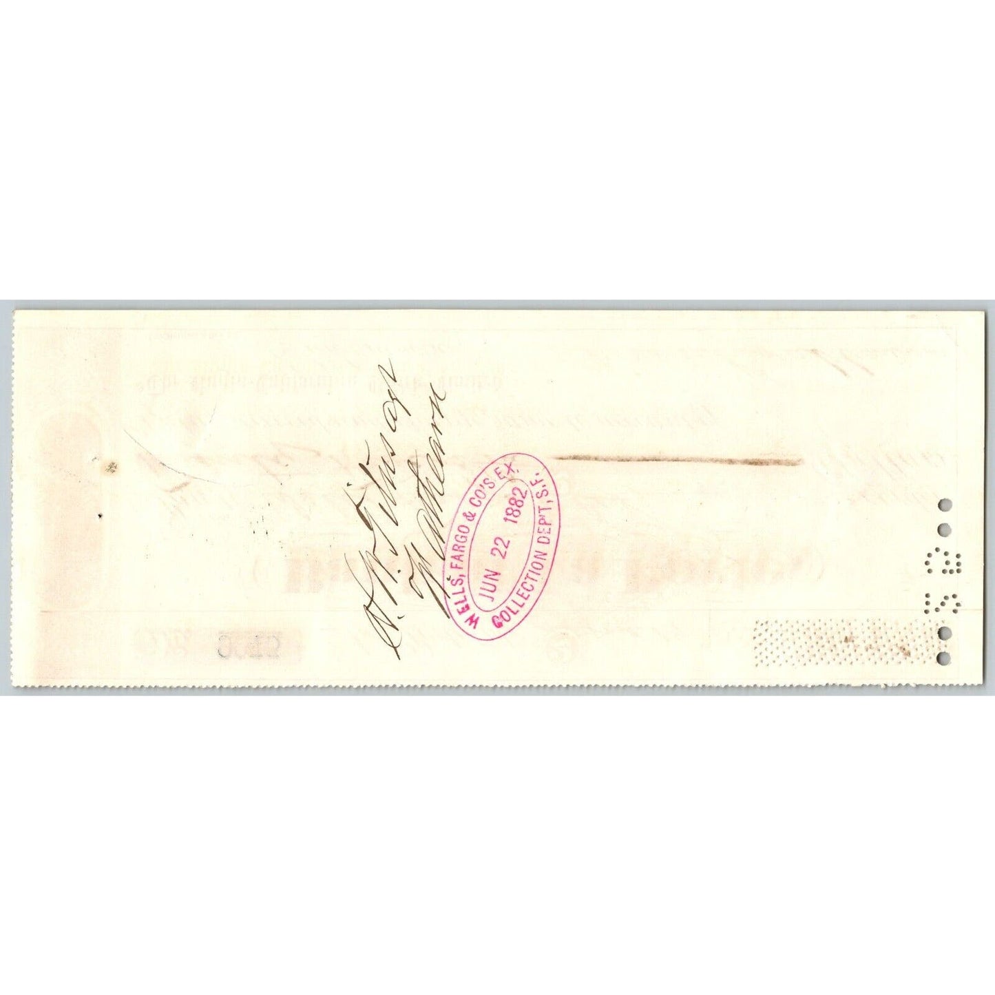 Bank of La Porte Check Wells Fargo 1882 Mining Vignette RN-G1 Rev Stamp #9975