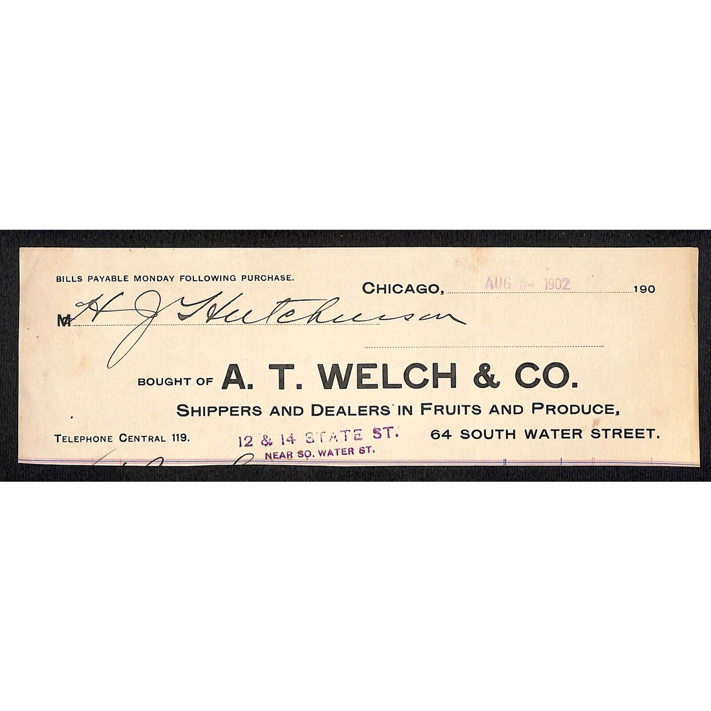 A.T. Welch & Co Produce Fruits Chicago Hutchinson Decorah, IA* Cut 1902 Billhead