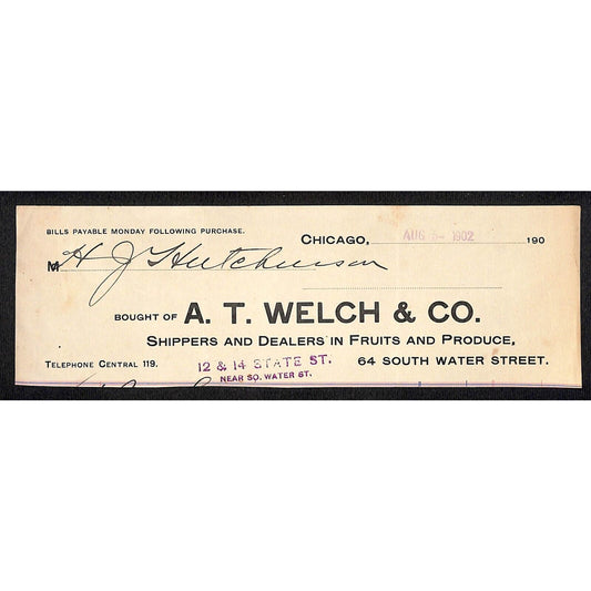 A.T. Welch & Co Produce Fruits Chicago Hutchinson Decorah, IA* Cut 1902 Billhead