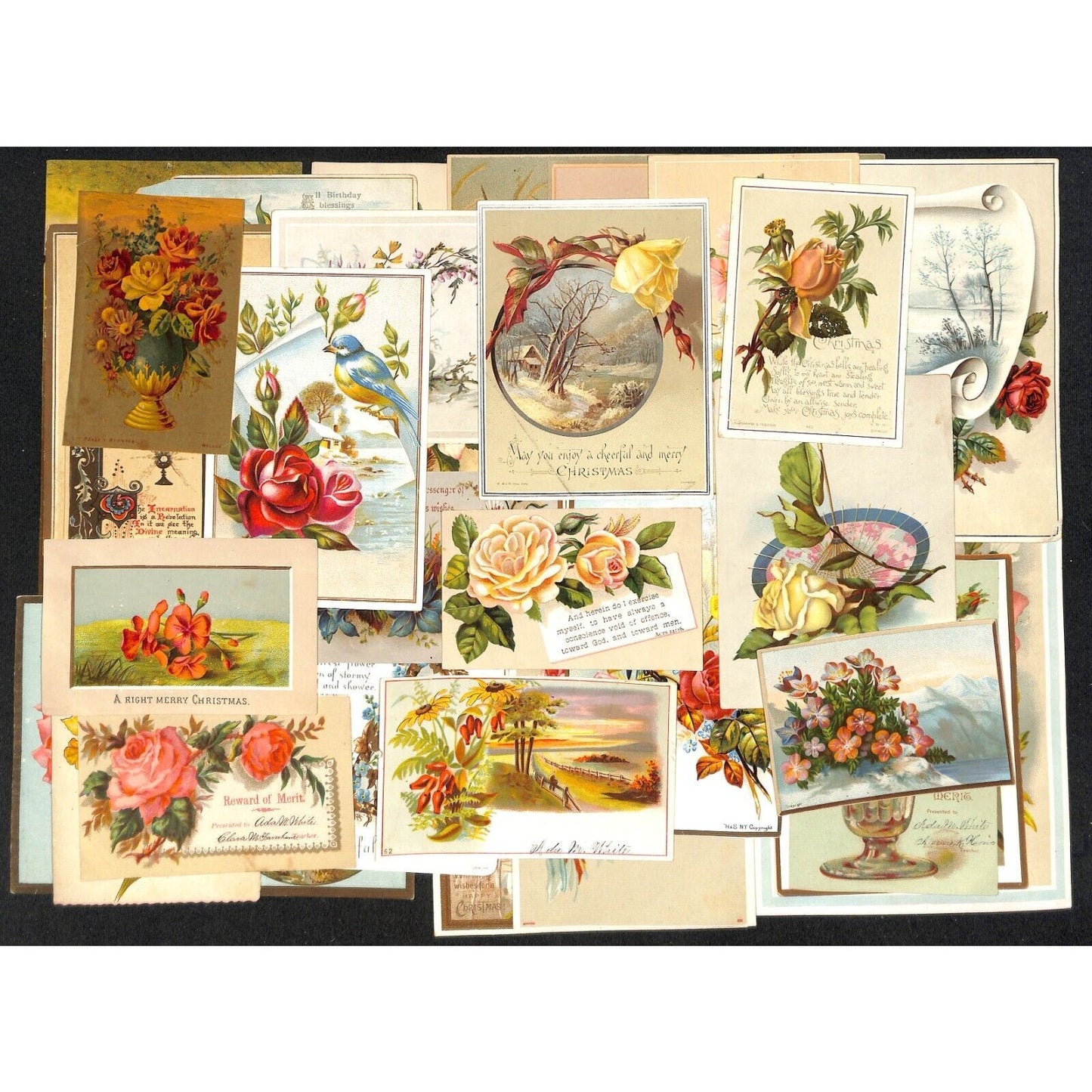 Group of 33 Mostly Floral Themed Victorian Greeting / Holiday Cards