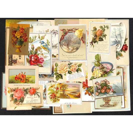 Group of 33 Mostly Floral Themed Victorian Greeting / Holiday Cards