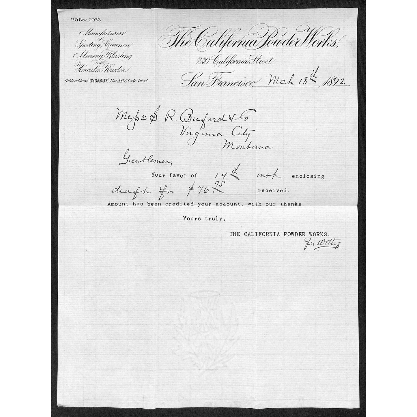 California Powder Works Hercules Dynamite 3/18 1892 Letterhead S.R. Buford*