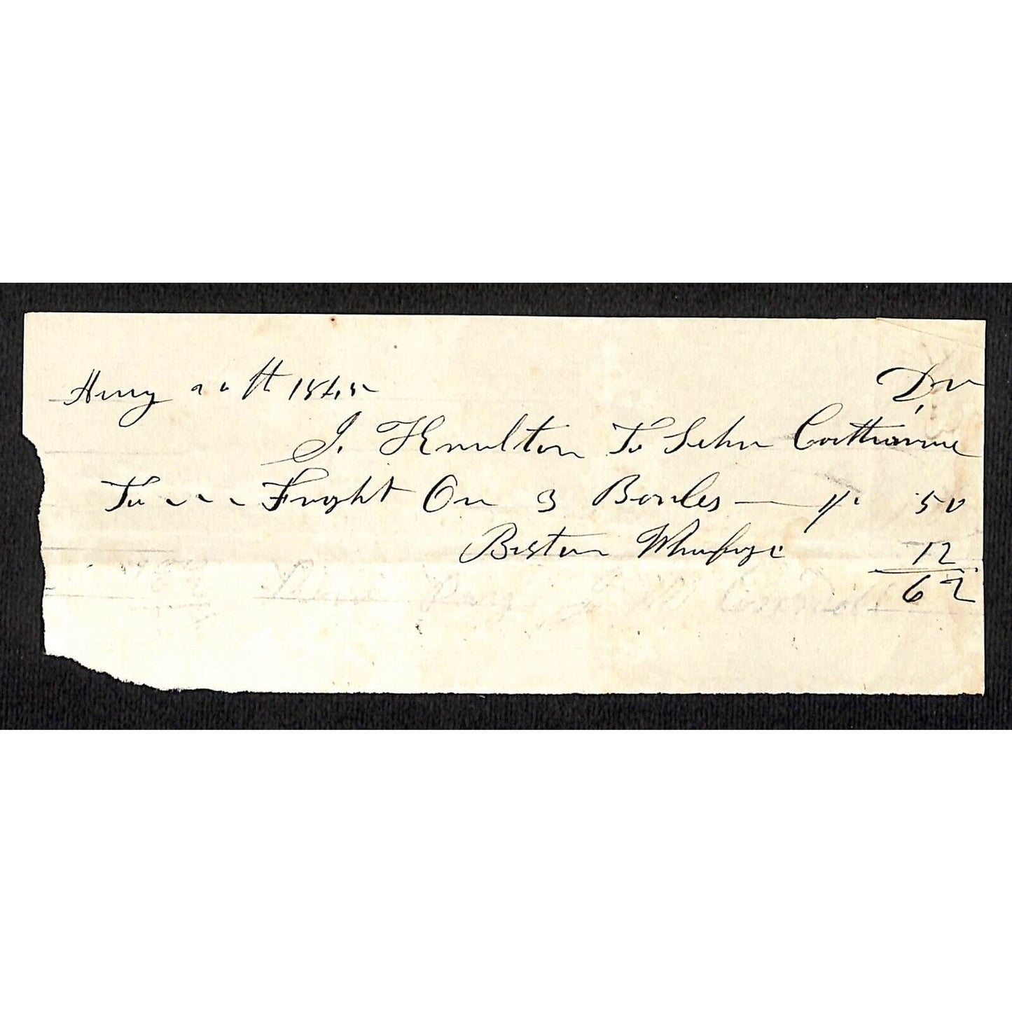 1845 Jabez Knowlton* Newburgh, ME General Store Receipt 50c Freight on 3 Barrels