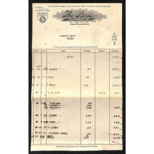 Great Falls, MT The Paris Fligman Co. 1937 2pp. Statement