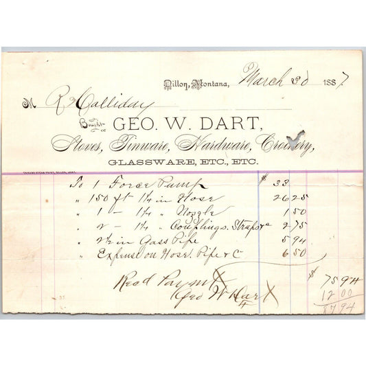 Dillon, MT Geo. W. Dart 1887 Billhead Glassware Tinware R.C. Halliday*