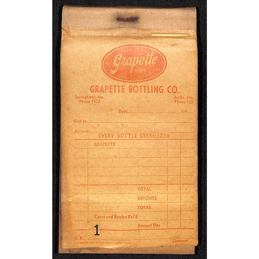 Grapette Bottling Co. Springfield / Joplin, MO 50 1940's Sheet Receipt Pad