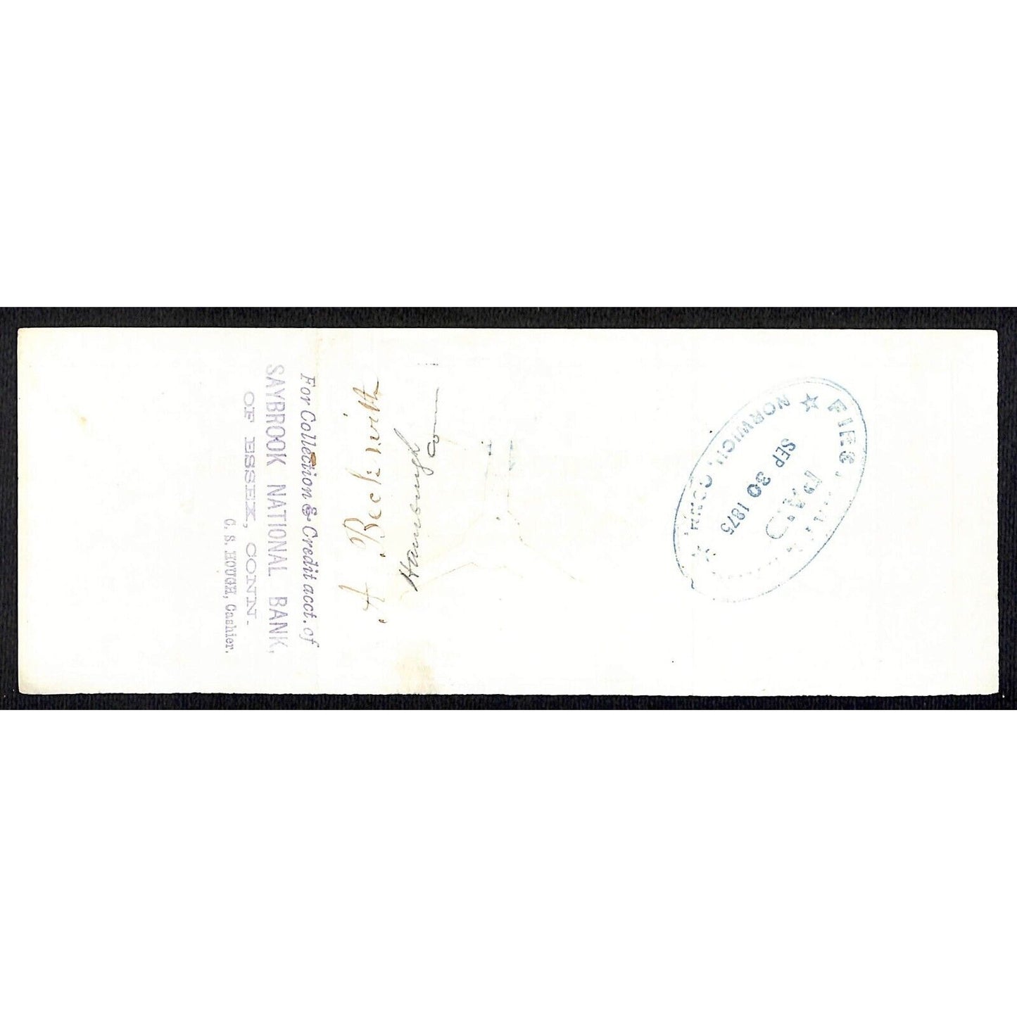James A. Bill* 1875 Thames National Bank Lyme CT on Rev Stamp Check Stock (#3)
