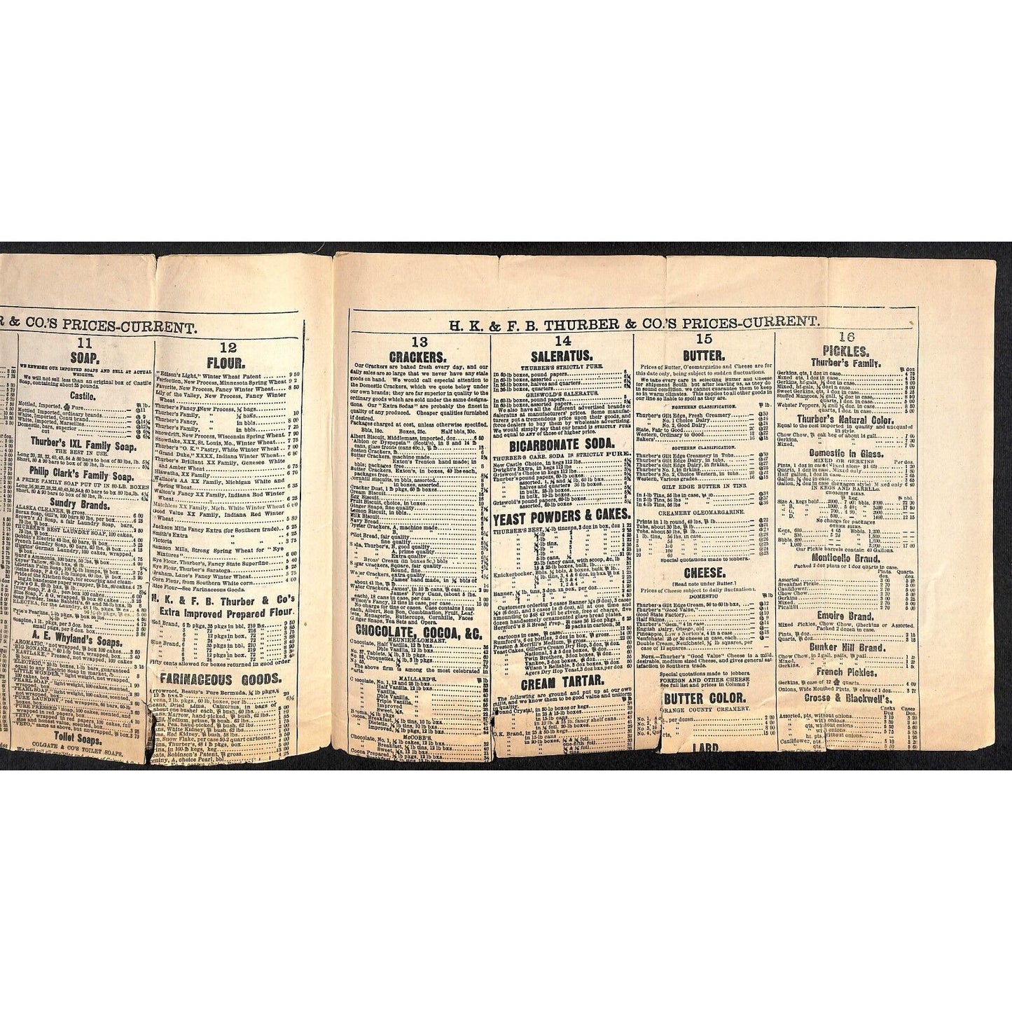 H.K. & F.B. Thurber & Co NYC 1880 Newspaper-Style Whsl. Food Price List TORN*